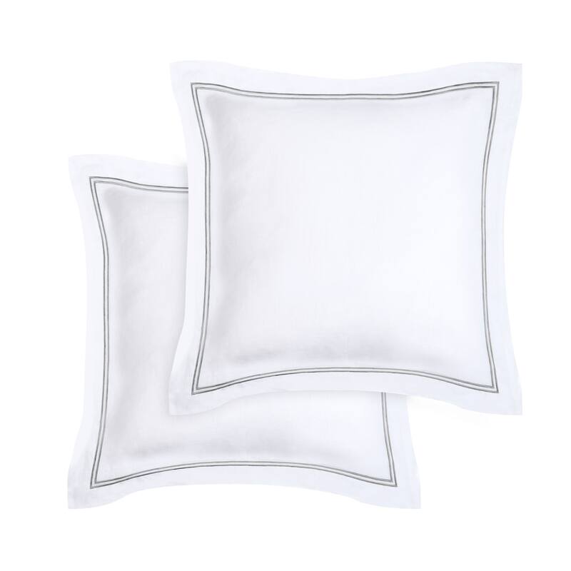 Belgian Flax Linen Collection 2 Stripe Embroidery Bed Sheet Set - Euro Sham - GREY EMB ON WHITE