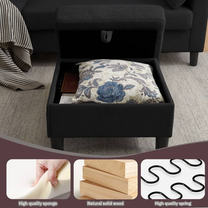 101"Corduroy 3 Piece Living Room Set Including 4 Seater Sofa ,2 Storage Ottoman and Chair