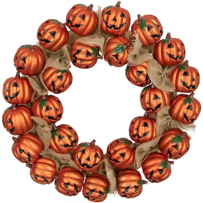 Jack-O-Lantern and Burlap Ribbon Halloween Wreath - 20" - Unlit