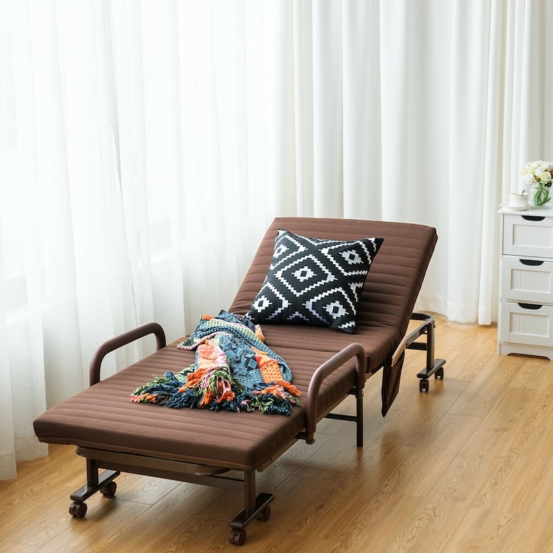 Adjustable Folding Guest Bed Frame with Mattress and Wheels - Brown
