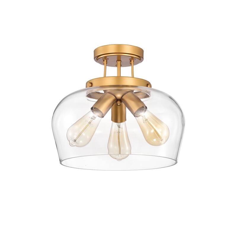 Sadie Matte Gold 3-Light Clear Curved Glass Shade Semi-Flush Mount