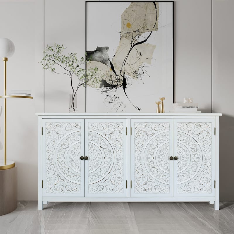 60in White Accent Cabinet 4 Doors Rustic Wood Storage Sideboard for Home Decor