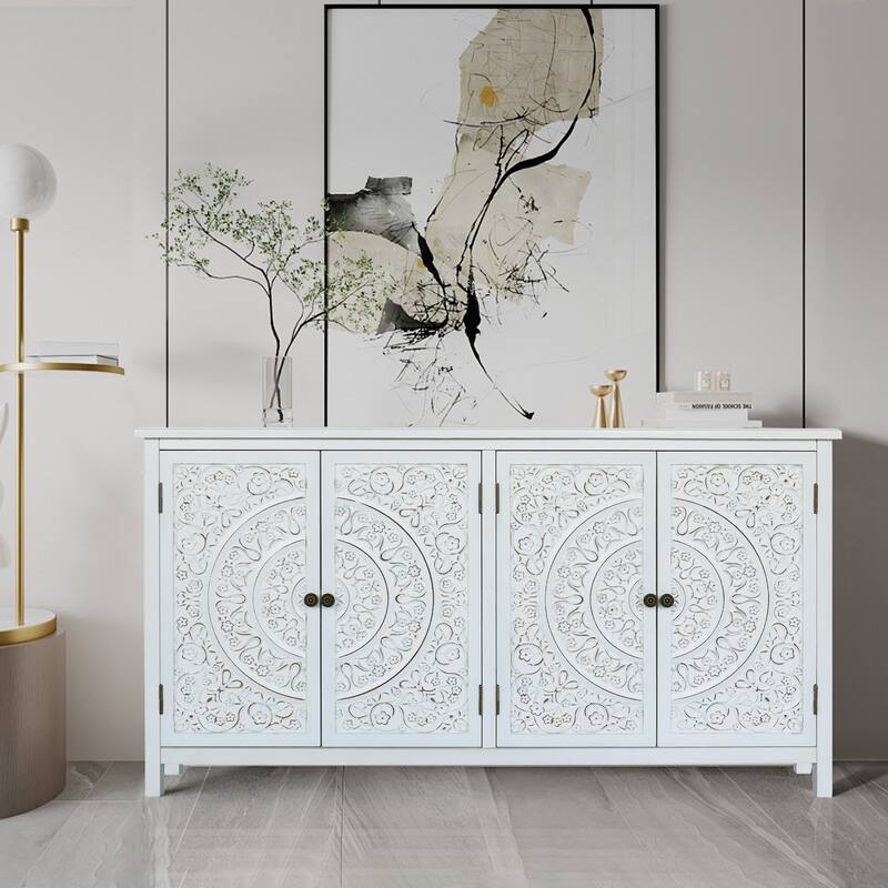 Buffet Cabinet Accent Cabinet with 4 Carved Doors, Wood Sideboard Storage Cabinet with Adjustable Shelves - Antique White