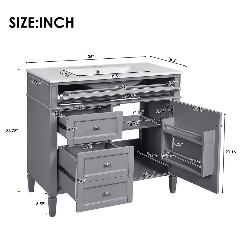 36'' Freestanding Bathroom Vanity with White Integrated Ceramic Sink