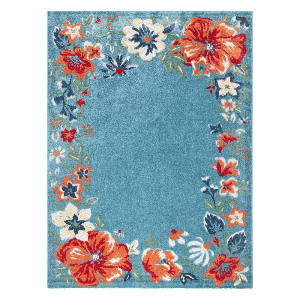 TOWN & COUNTRY EVERYDAY Hibiscus Bloom Border Modern Floral Indoor Outdoor Area Rug, UV Fade Resistant, High-Low Pile