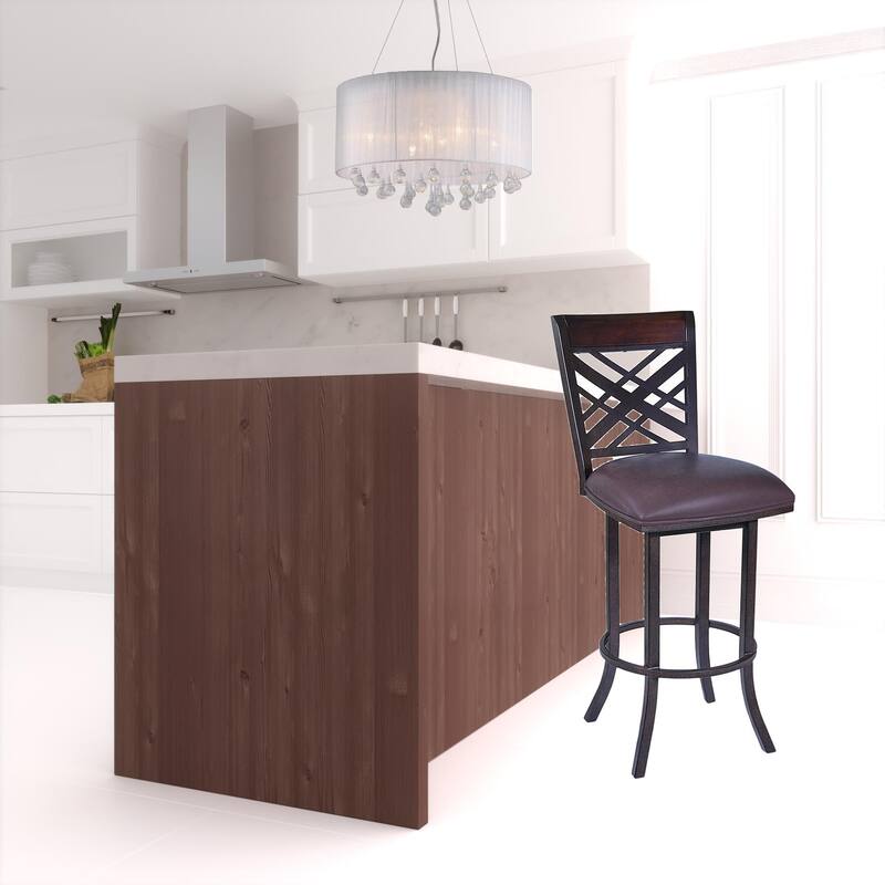 30" Bar Height Stool Brown Faux Leather Upholstered Seat with Iron Frame and Footrest for Kitchen or Bar