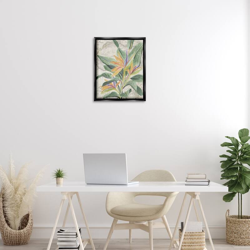 Stupell Tropical Flower over Map Framed Floater Canvas Wall Art Design By June Erica Vess