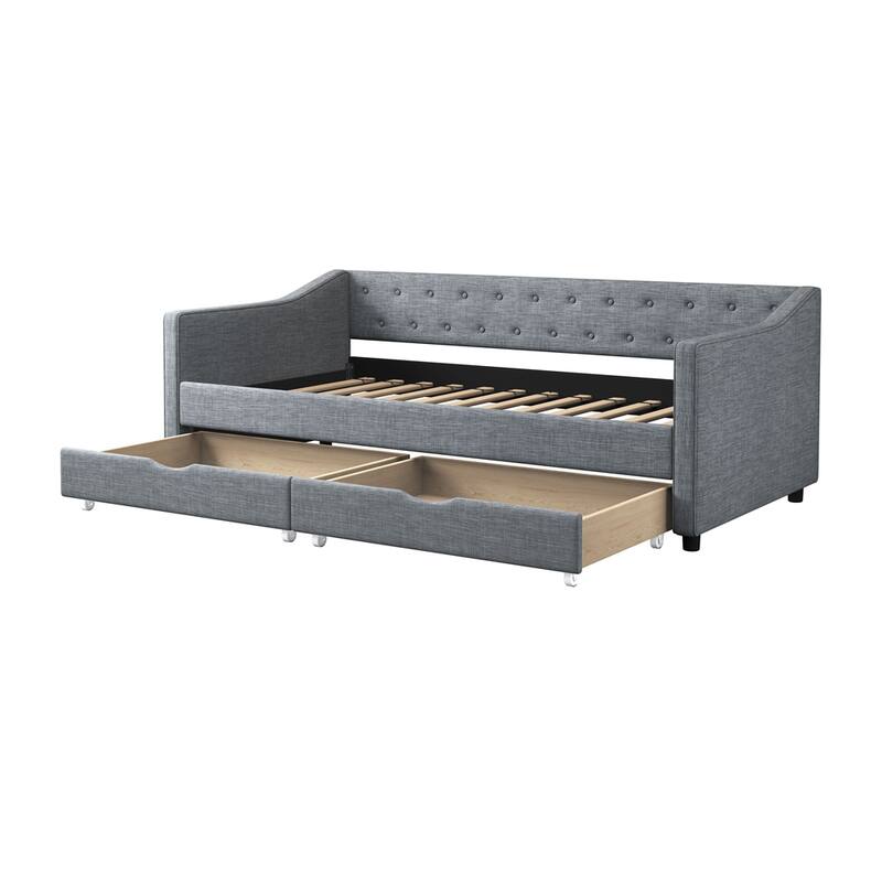 Twin Size Fabric Upholstered Tufted Daybed with Drawers and Wood Frame