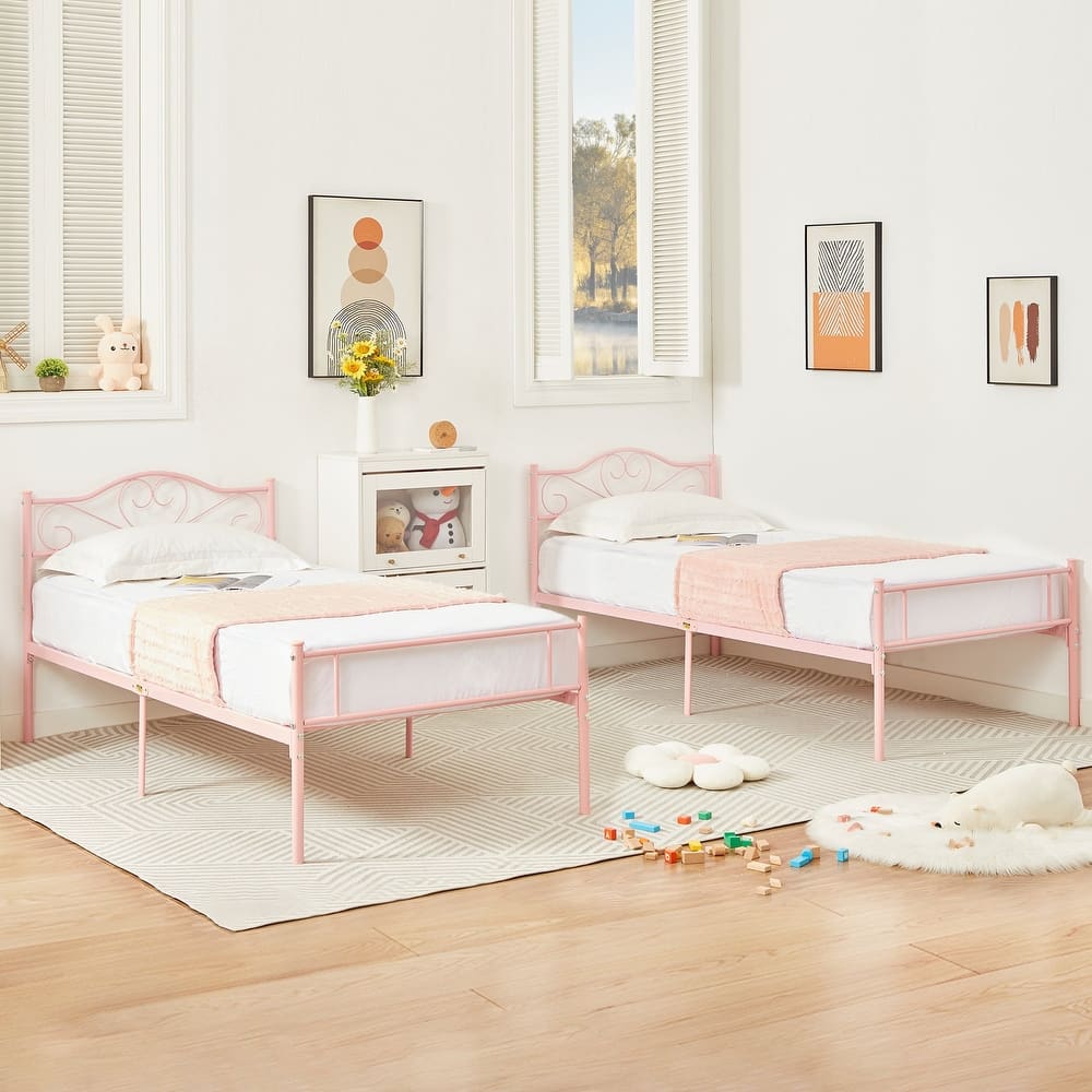 Javlergo Set of 2 Twin Size Metal Platform Bed Frame with Heart Shape Scroll Headboard No Box Spring Needed