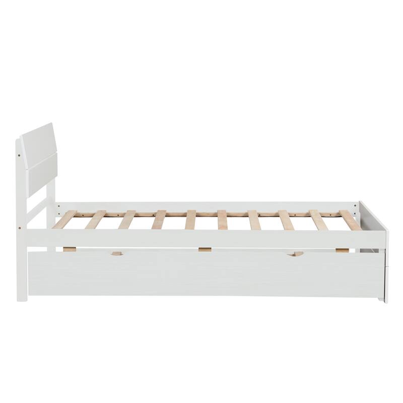 Modern Twin Platform Bed with Light Oak Trundle & High Gloss Headboard