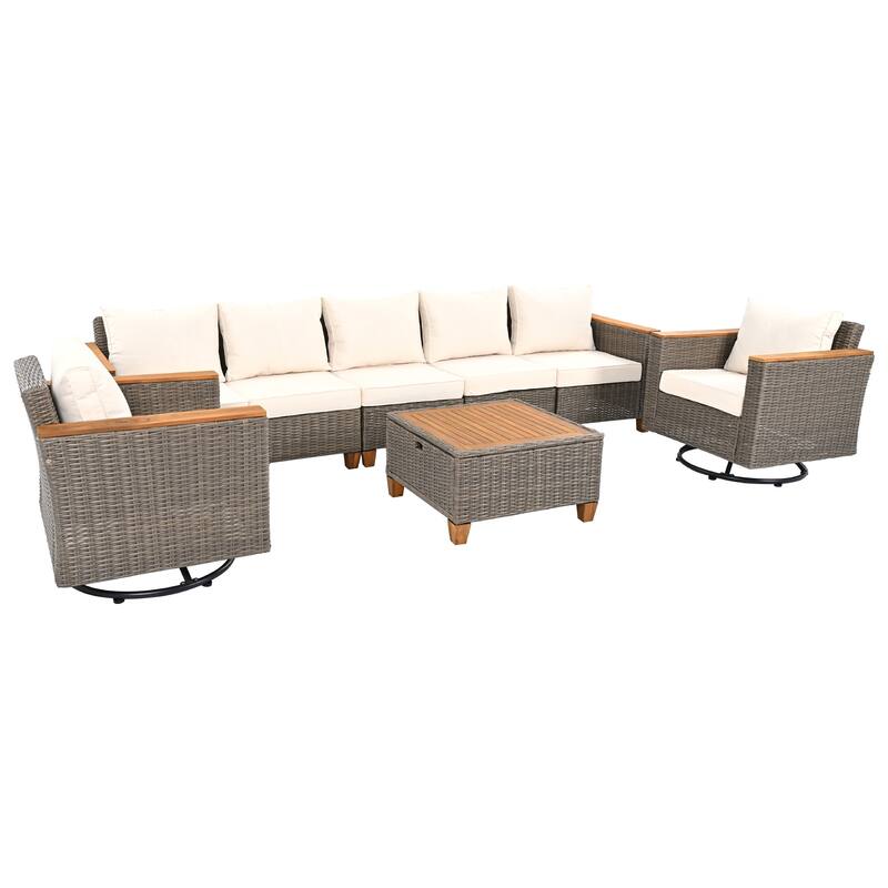 8-Piece Wicker Outdoor Patio Furniture Set with Thick Cushion, Rattan Patio Swivel Rocking Chairs Set of 2 with Acacia S