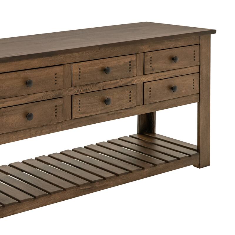 Linaa Sofa Console Table, Drawers n Shelf, Barrel Brown Wood, 63 Inch