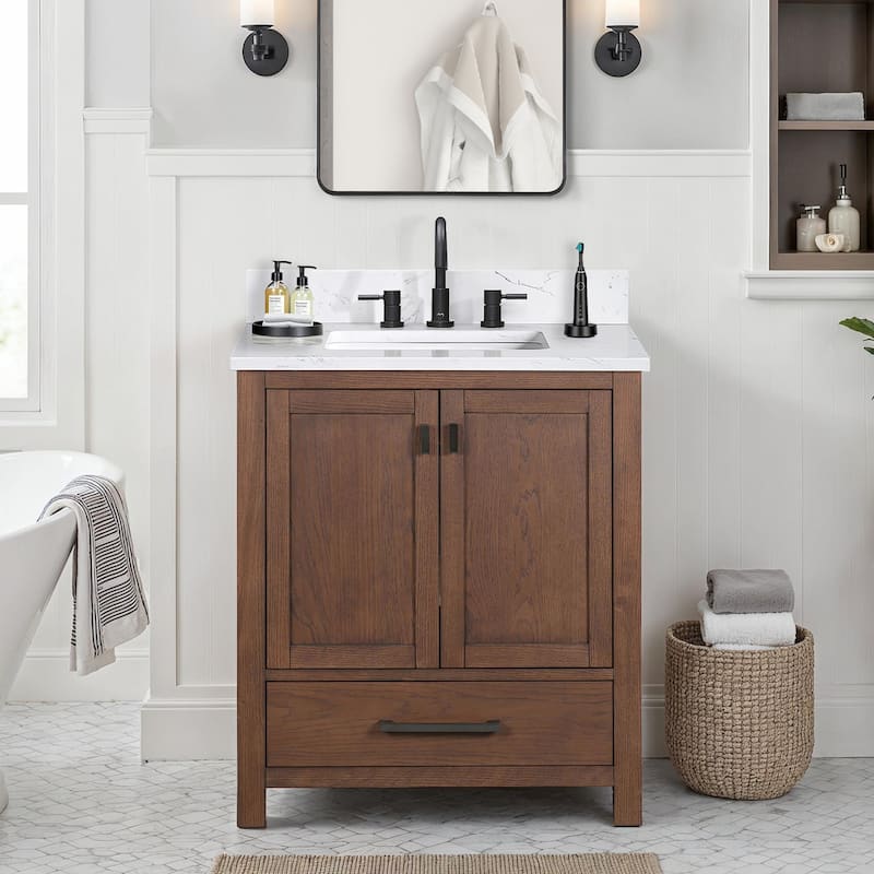 Avanity Modero 30 in. Single Sink Bathroom Vanity with Engineered Stone Top - 31"W x 22"D x 35"H - Mocha Oak