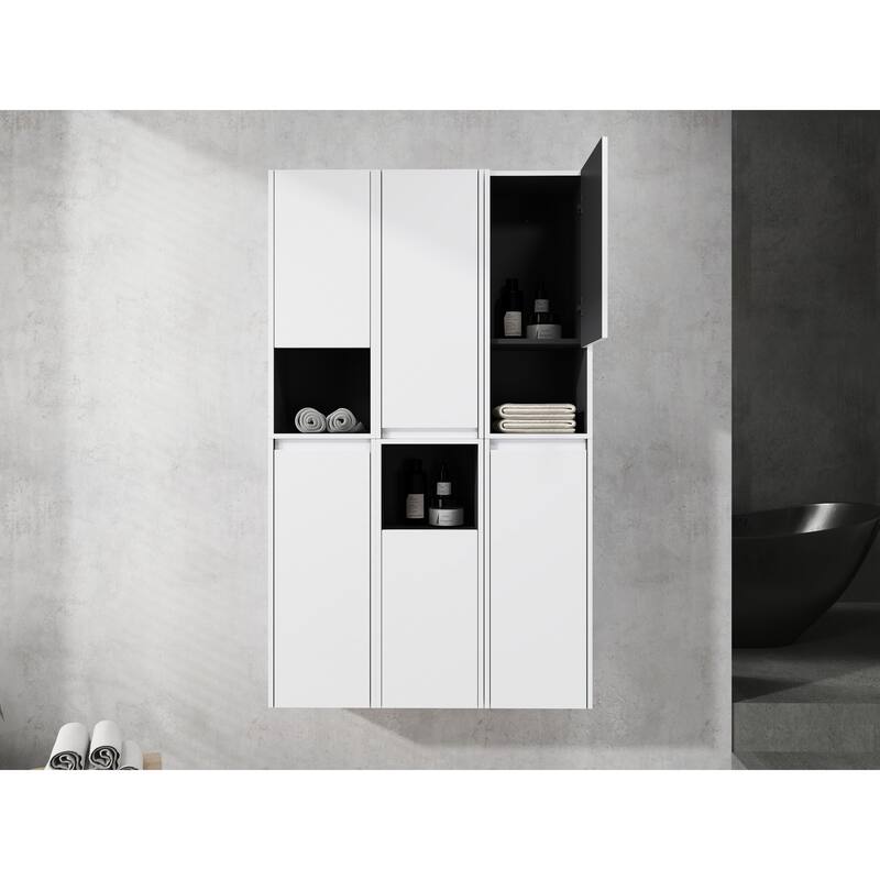 Modern Wall-Mounted Bathroom Side Cabinet with Soft-Close Doors, Floating Design, 6 Storage Compartments, 12-Inch Width