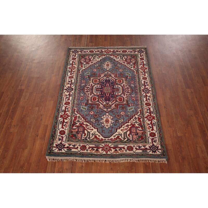 Light Blue Geometric Heriz Serapi Rug Hand-Knotted Wool Carpet - 4'0" X 6'0"