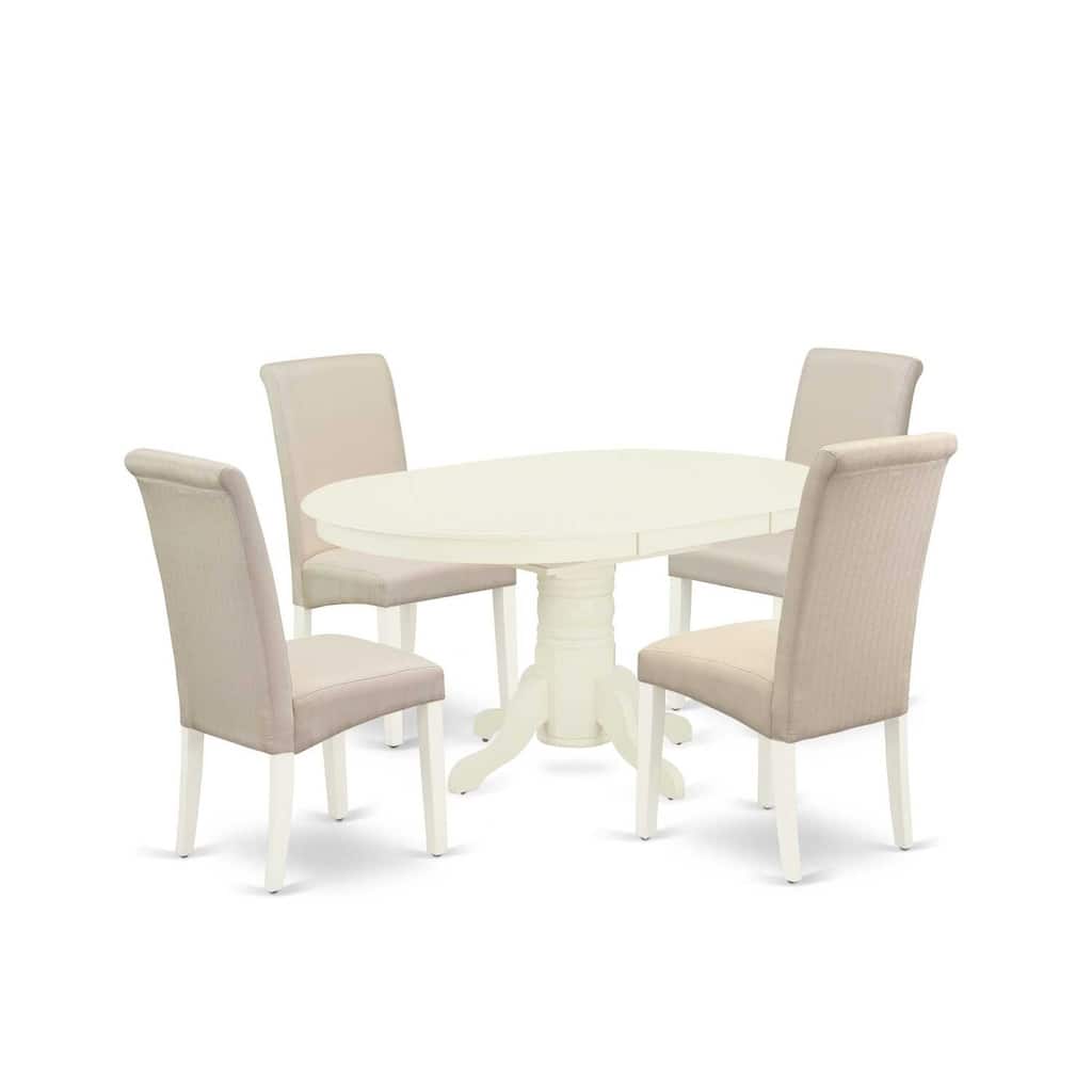 HomeStock 5-Piece Oval Linen White Finish Solid Wood Top Dining Table with 4 Parson Chair with Butterfly Leaf Lattice Back