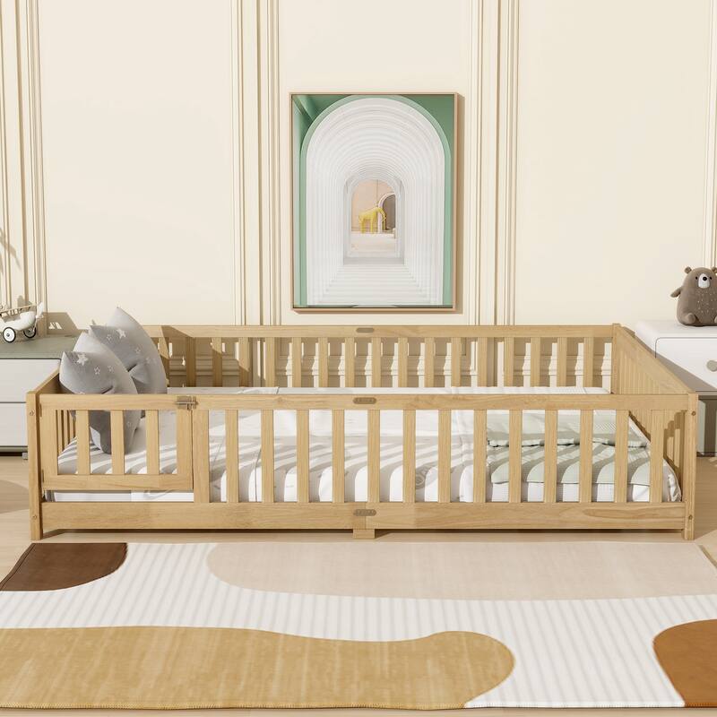 Floor Bed with Fence,Door and Safety Guardrails,Ensuring a Secure and Comfortable Space - Natural-Queen Size