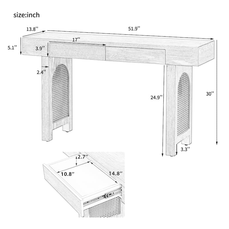 Console Table with Rattan Accent, Entryway Table with Storage Drawers, Sofa Table for Living Room, Entrance, Corridor, Hallway