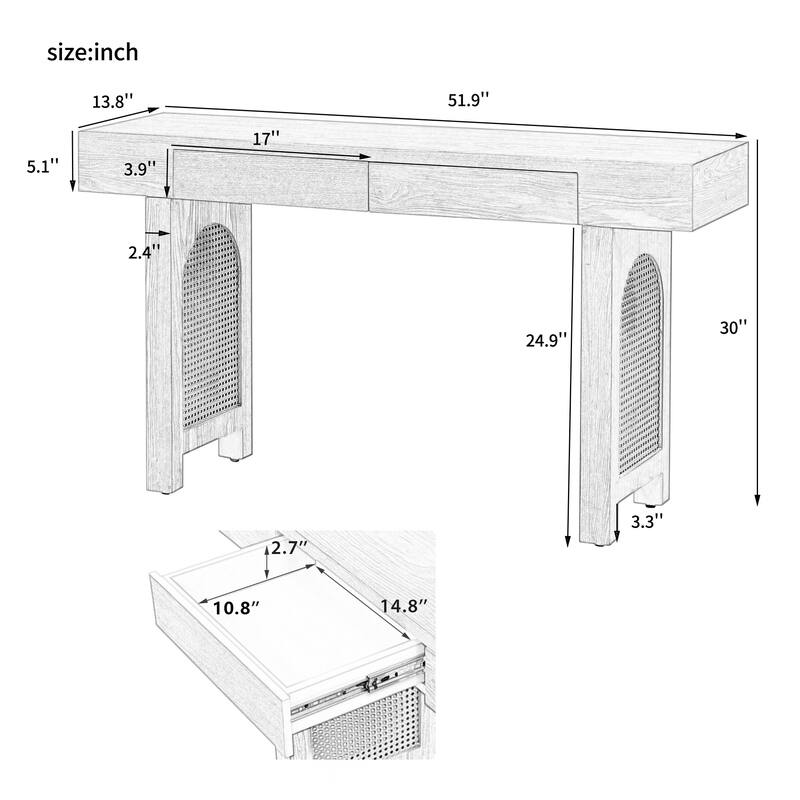 Rattan Accent Console Table with Two Drawers Natural Wood Veneer Bohemian Entryway Living Room Hallway Furniture