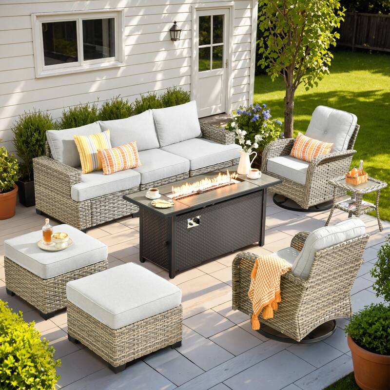 OVIOS 9 Pieces T shaped Seat Curved Swivel Chair Set With Fire Pit - Grey