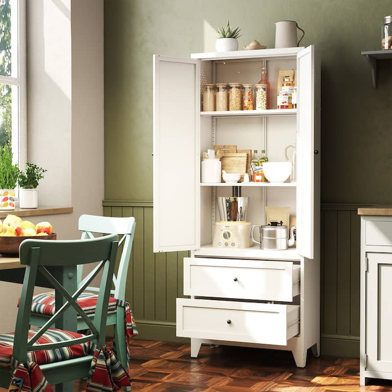 72 Inch White Pantry Cabinet with 2 Drawers, Freestanding Kitchen Storage Cabinet with Adjustable Shelves