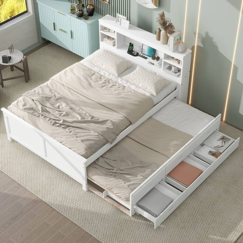 Platform Bed with Storage Headboard, USB, Twin Size Trundle and 3 Drawers