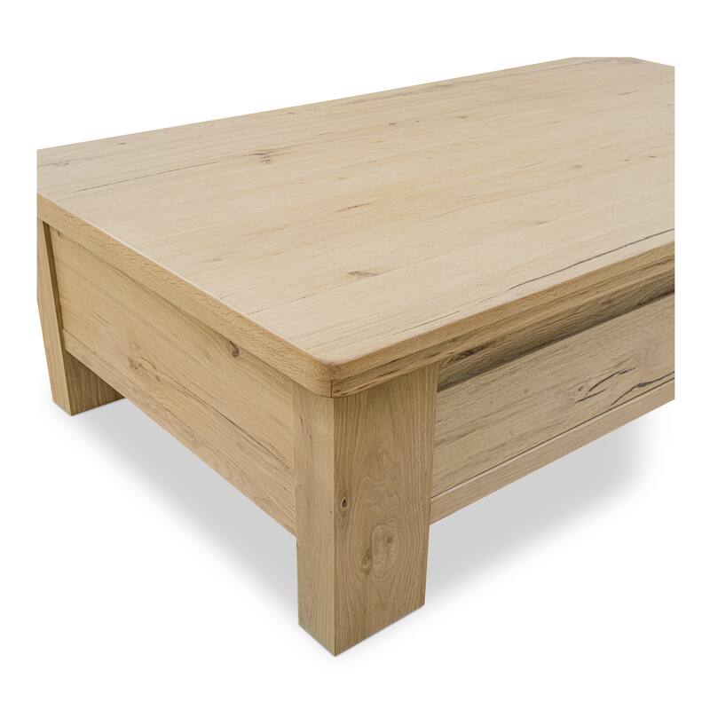 NADAAL STUDIOS Mareth Coffee Table, Rectangular Rustic Oak Top with Rounded Edge, Solid Oak Legs Dual-Sided Drawers, Natural