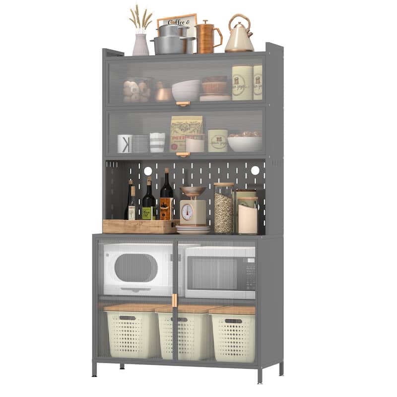 Tall Kitchen Pantry Cabinet Storage Cabinet with 6 Level Flip Door, Pegboard Metal Buffet Cabinet, Anti-Tip Hutch - Grey