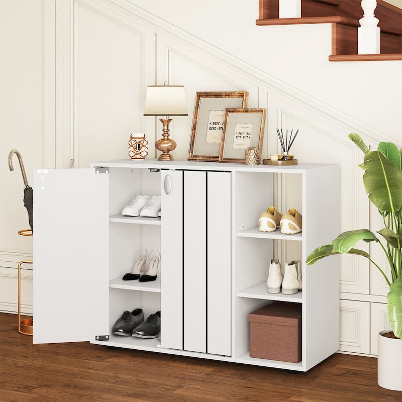 Shoe Storage Cabinet with Doors and Open Shelves Adjustable Wooden Entryway Organizer - 31.5" x 12" x 25.5"