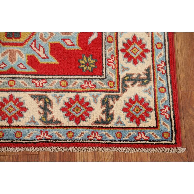Red Kazak Foyer Rug Hand-Knotted Geometric Bedroom Wool Carpet - 2'8"x 3'11"