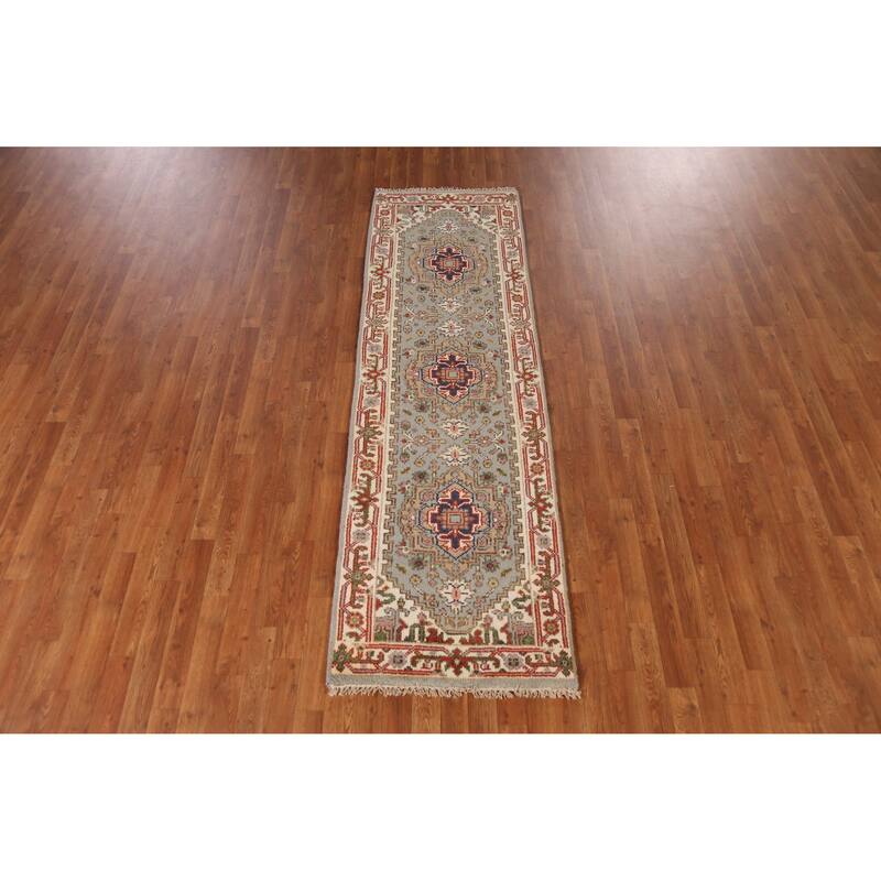 Gray Geometric Heriz Serapi Indian Runner Rug Handmade Wool Carpet - 2'5" x 8'0"