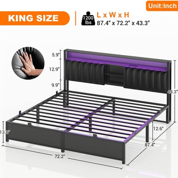 dimension image slide 8 of 10, Upholstered Bed Frame with Storage Shelving, Platform Beds with Charge Station and LED Lights