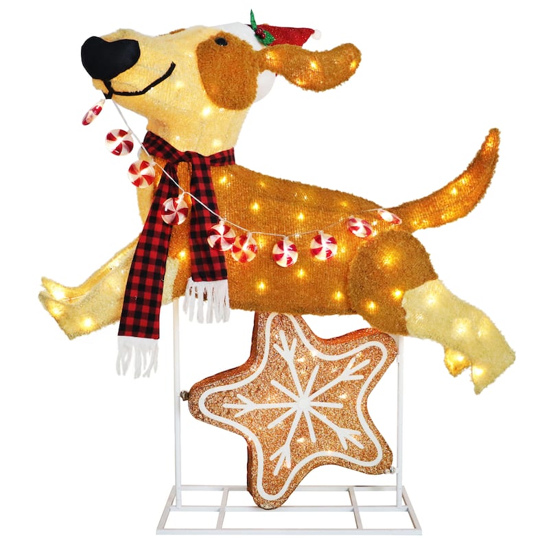 Puleo International 4' Pre-Lit Outdoor Puppy Christmas Holiday Decor with 144 Warm White Twinkling LED Lights - Brown - Brown