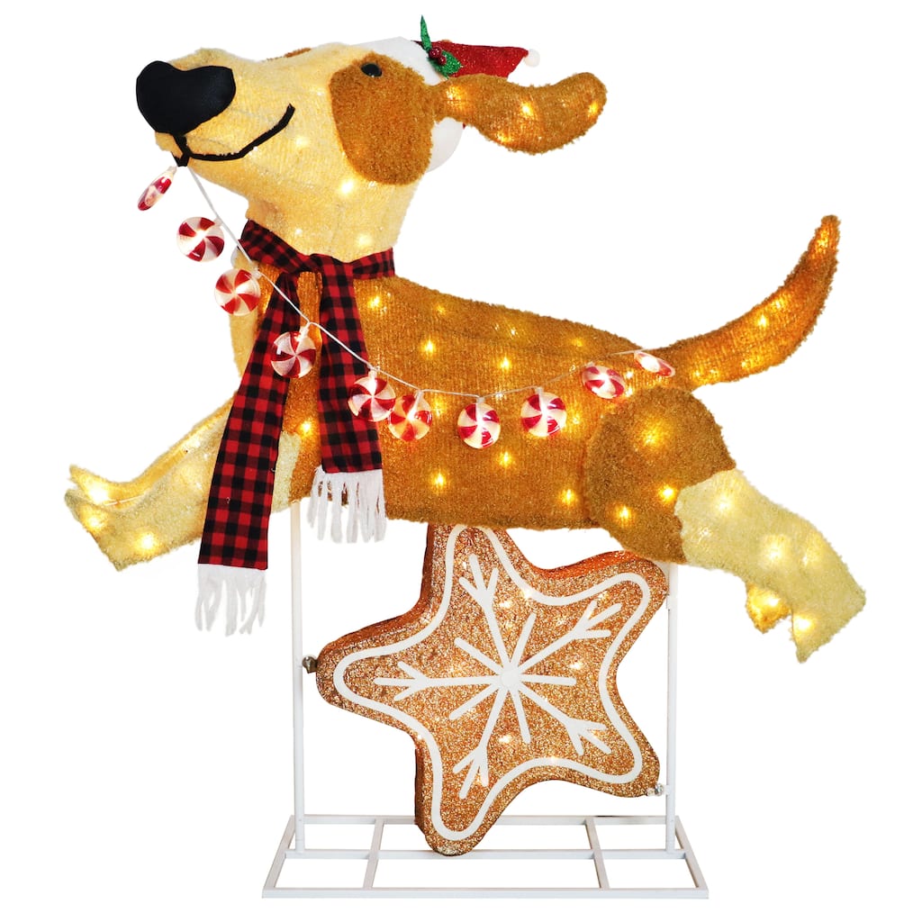 Puleo International 4' Pre-Lit Outdoor Puppy Christmas Holiday Decor with 144 Warm White Twinkling LED Lights - Brown