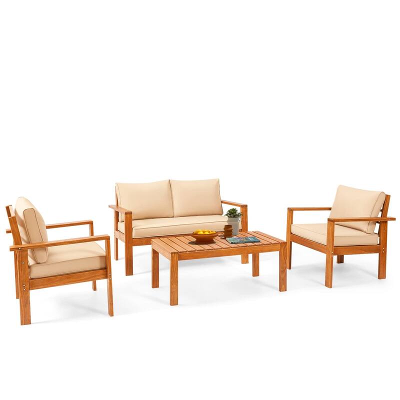 EROMMY Wood Patio Conversation Set with Coffee Table and Soft Cushions, Outdoor Sofa Set for Garden, Backyard