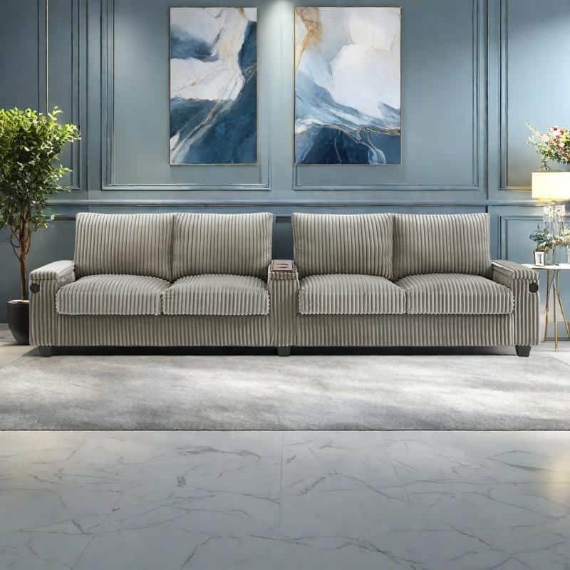 133" Corduroy 4-Seater Sofa with USB Ports, Hidden Storage Arms & Flip-Top Cup Holders