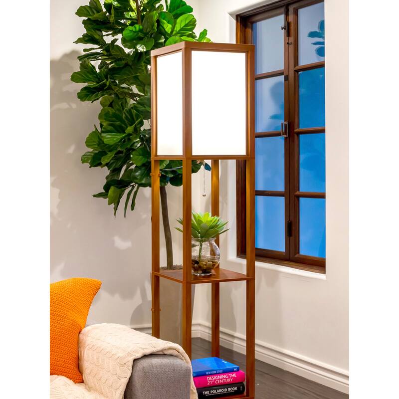 Brightech Maxwell 63 in. Walnut Brown Traditional LED Super Bright 3-Shelf Floor Lamp with White Fabric Square Shade