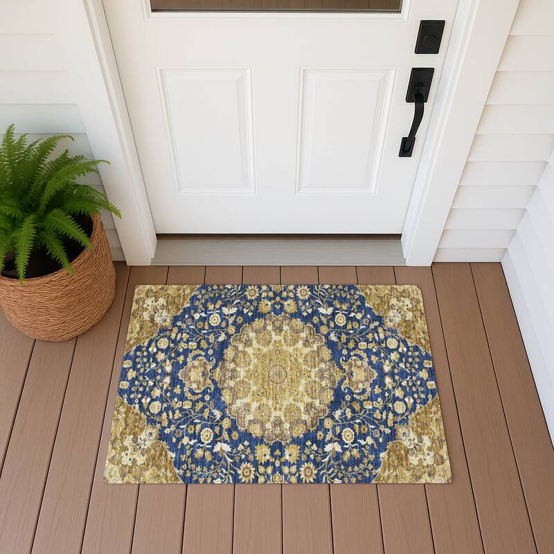 Machine Washable Indoor/ Outdoor Global Eckley Chantille Rug - Navy - 1'8" x 2'6"