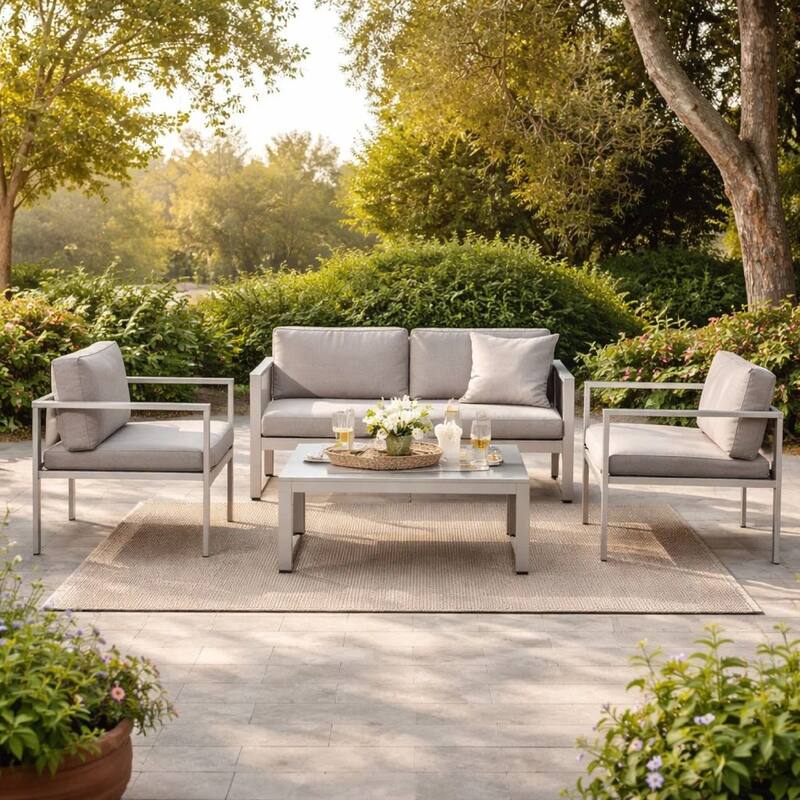 Kili 4 Piece Outdoor Sofa, Chairs and Table Set, Sleek Silver Aluminum