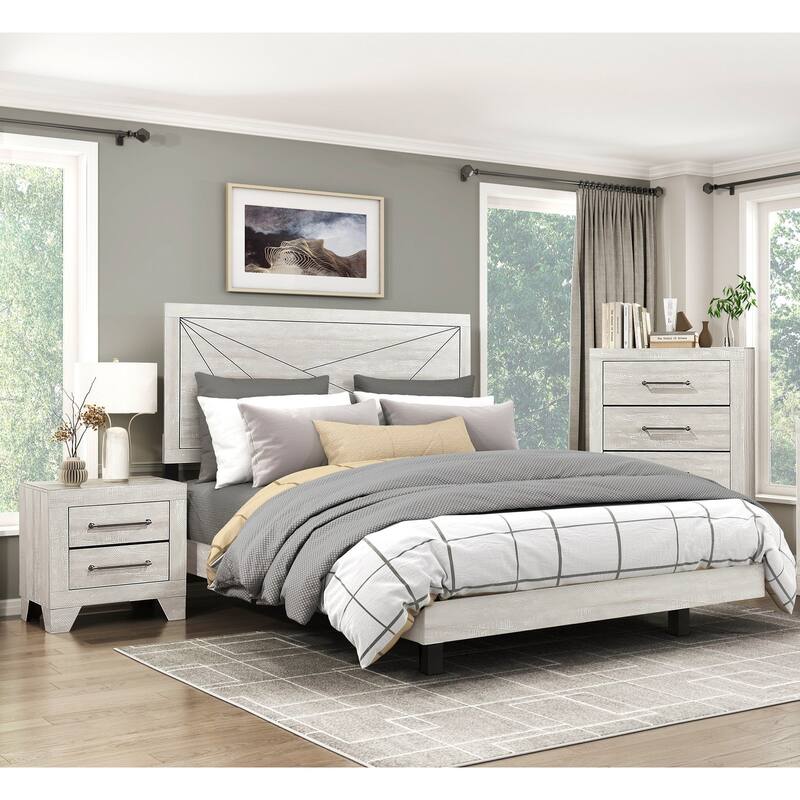 Modern Bedroom 3pc Set Gray Panel Bed Chest Nightstand