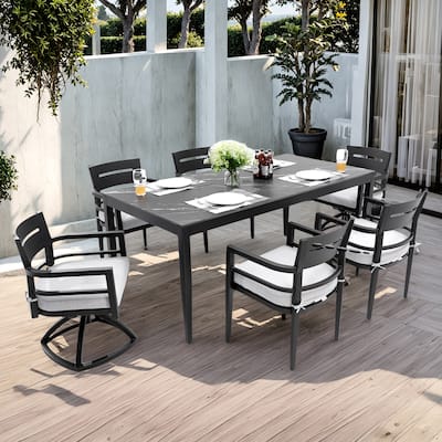 7-Piece Outdoor Aluminum Dining Set: 35.5" x 71" Marble-Look Sintered Stone Table,4 Chairs, 2 Swivel Rockers, Sunbrella Cushions