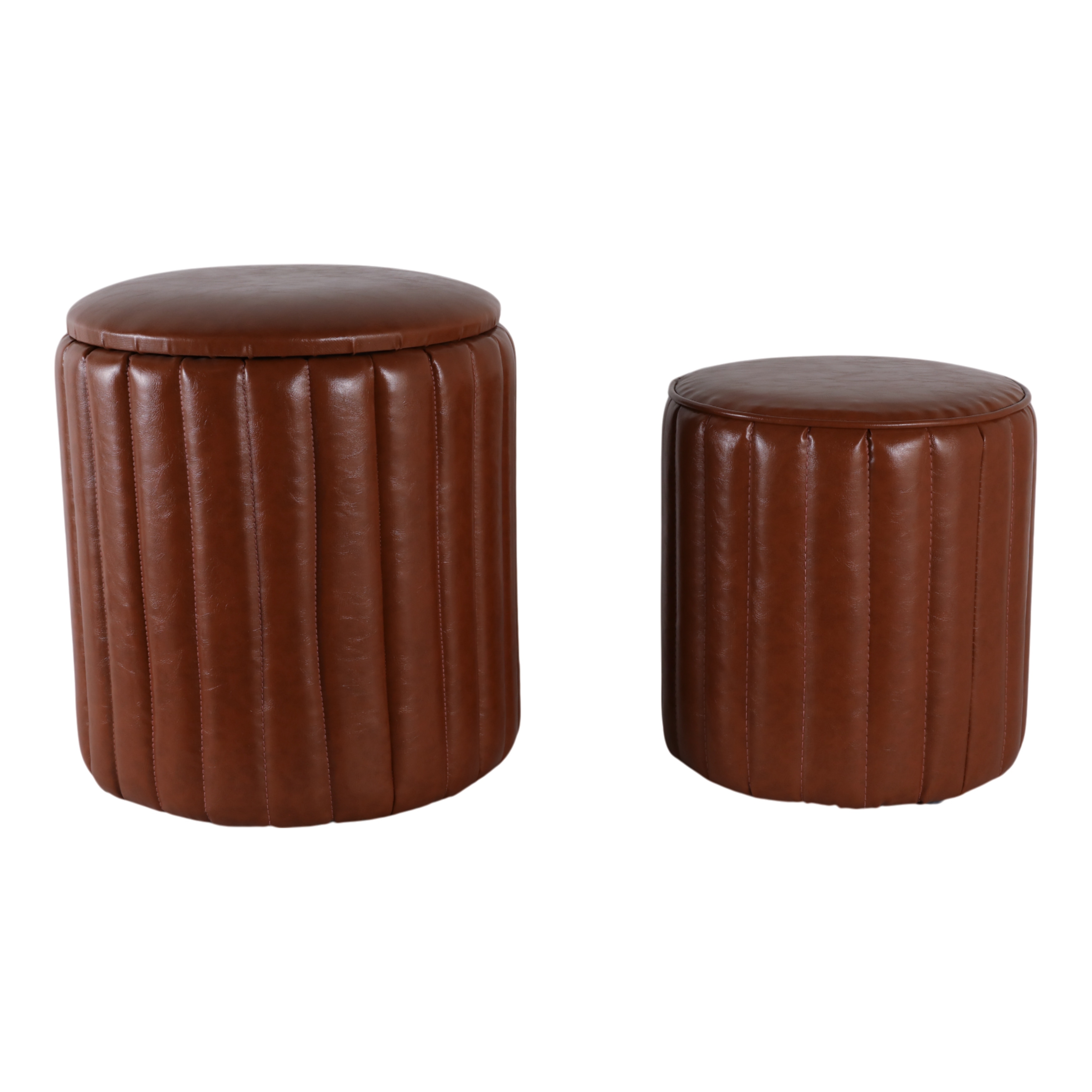 Leather and Pine Wood Ottoman Modern Storage (Set of 2) - 14/18" Brown