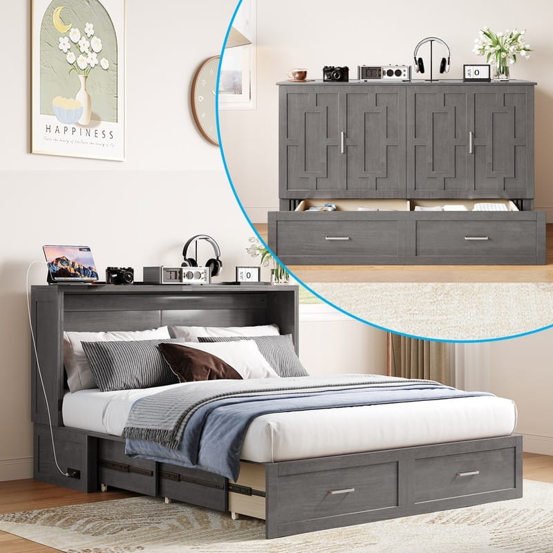 Mixoy Queen Modern Murphy Bed Chest with Mattress,Storage Drawer,Charging Station - Dark Grey