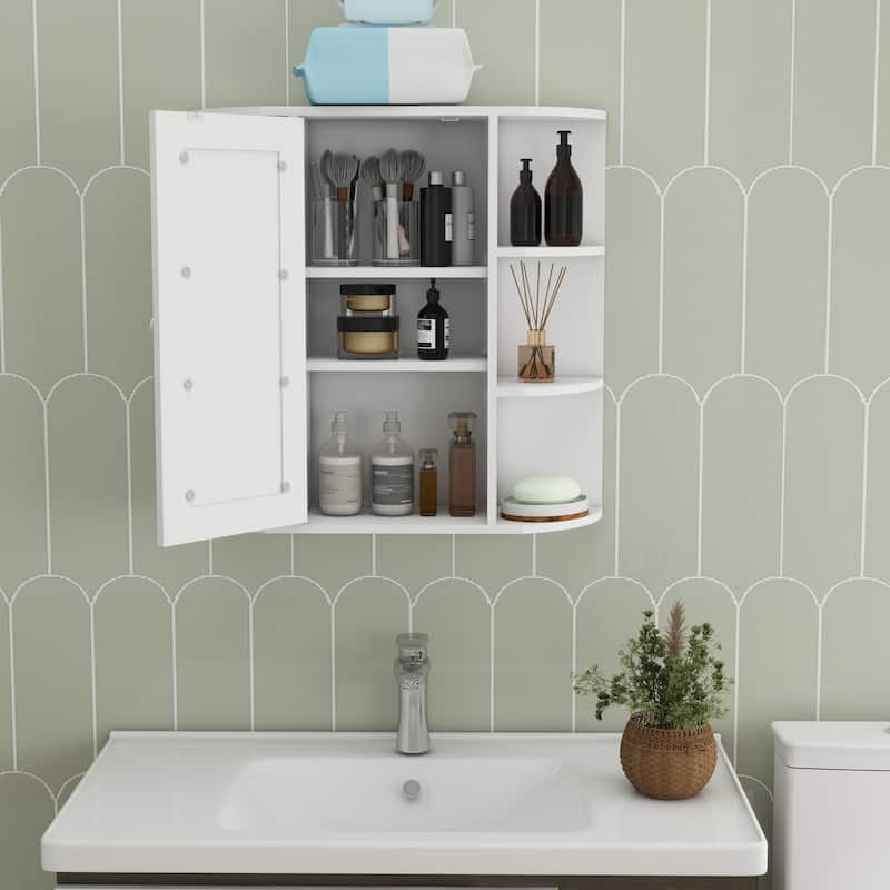 White MDF Wall-Mounted Bathroom Medicine Cabinet with Mirrored Door and Shelves - 11.75" W x 11" D x 70.75" H