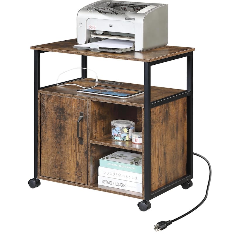 File Cabinet,Office Filing Cabinets with Socket and USB Charging Port,Printer Stand with Storage, Metal Side Frame
