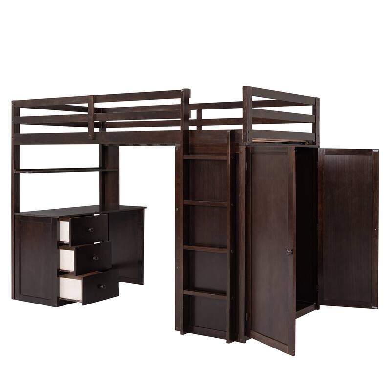 Compact Twin Loft Bed with Drawers, Desk, and Wardrobe in Espresso