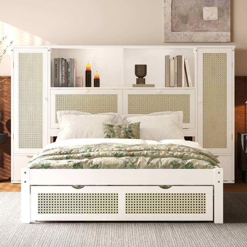 Multifunctional Platform Bed with Natural Rattan
