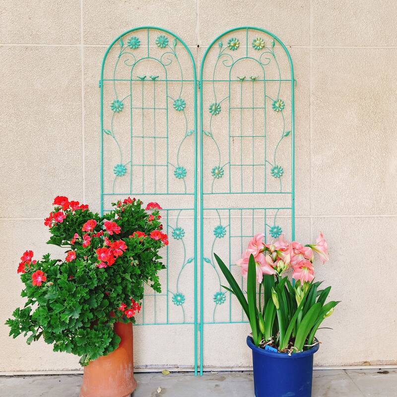 Anmytek Decorative Metal Garden Trellis Set of 2 with Arch Top Daisy Motifs Green Weather Resistant Climbing Plant Support