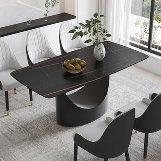 71" Black Marble Sintered Stone Table Top,Rectangle Dining Room Table with Unique U-Shape Black Carbon Steel Pedestal - Bed Bath & Beyond - 39907147