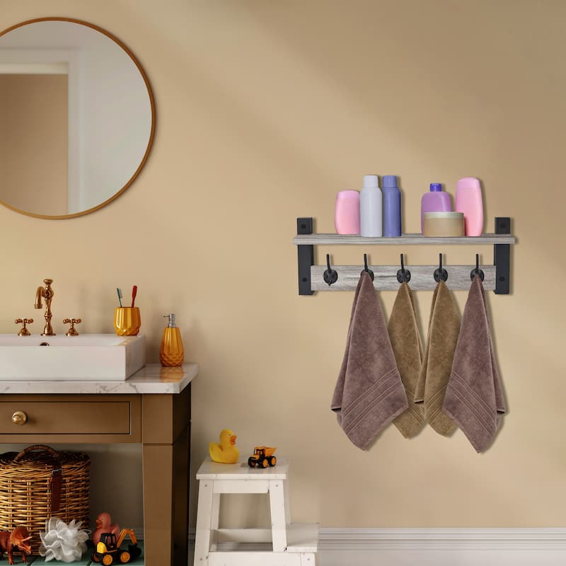 Sorbus Coat Hooks Wall Mount Floating Shelf with 5 Heavy Duty Hooks, Large and Extra Large